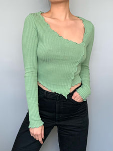 Asymmetrical Cropped Ribbed Long Sleeve Top